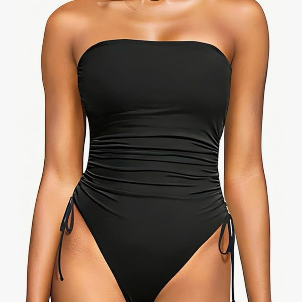 Strapless Black One-Piece Swimsuit with Side Drawstrings